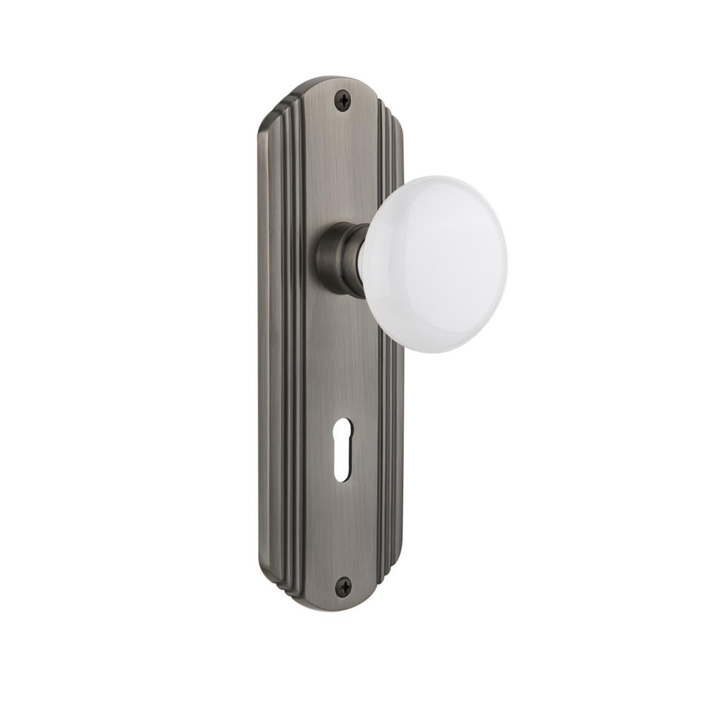 Nostalgic Warehouse DECWHI Complete Mortise Lockset Deco Plate with White Porcelain Knob in Antique Pewter